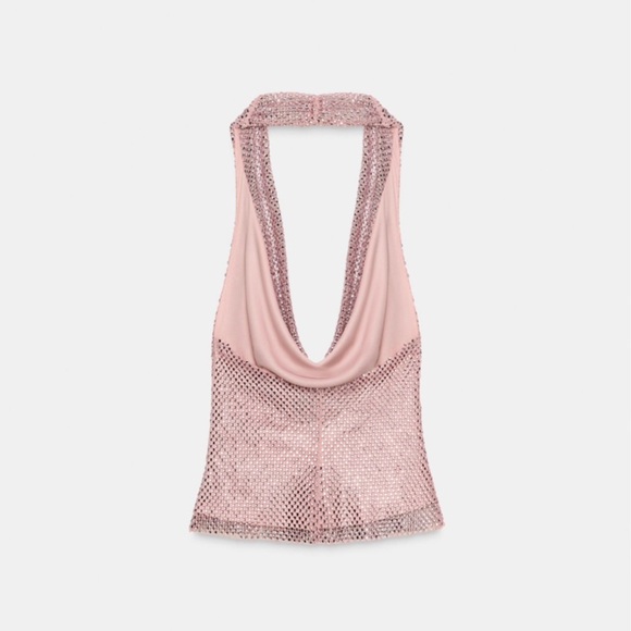 ZARA Rhinestone Baby Pink Sequin Drape Top - BRAND NEW - Picture 5 of 7